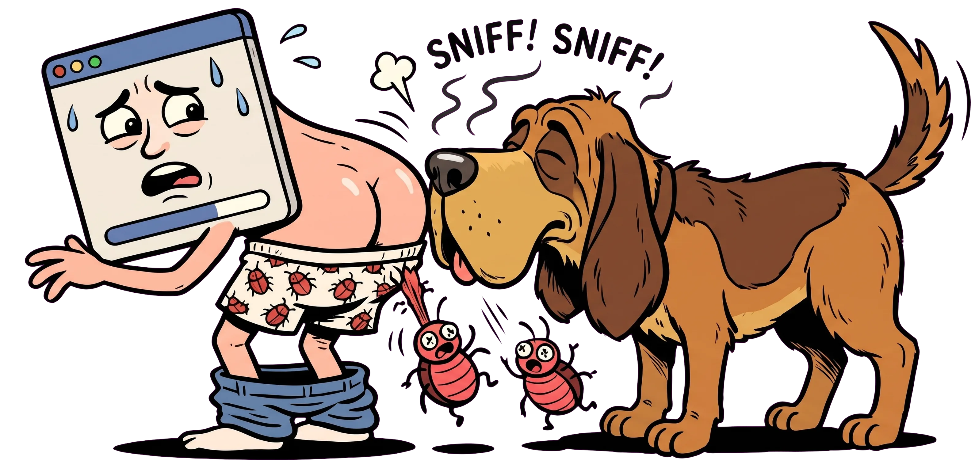 Cartoon: a web app with a worried face bends over in bug-print boxers while a bloodhound sniffs its backside and pulls two bugs out.