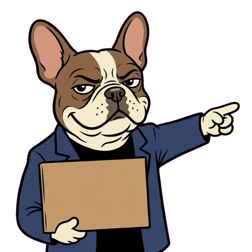 French bulldog cartoon portrait of Elon Must-Fix