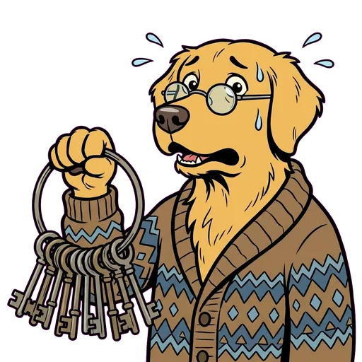 Golden retriever cartoon portrait of Bill Gatekeeper